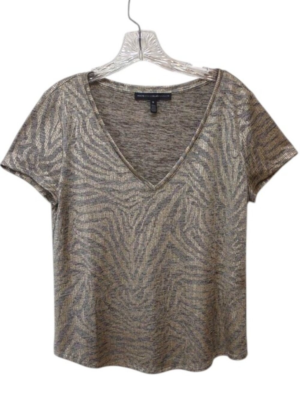White House Black Market SS V-Neck Top in Shimmery Gold & Gray Zebra Print